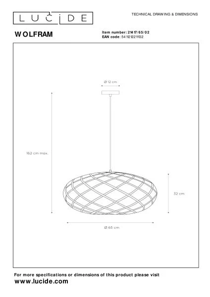 Lucide WOLFRAM - Hanglamp - Ø 65 cm - 1xE27 - Mat Goud / Messing - technisch